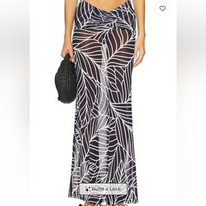 Devon Windsor V Cut Akris Long Sheer Navy Palm Maxi Skirt Size S